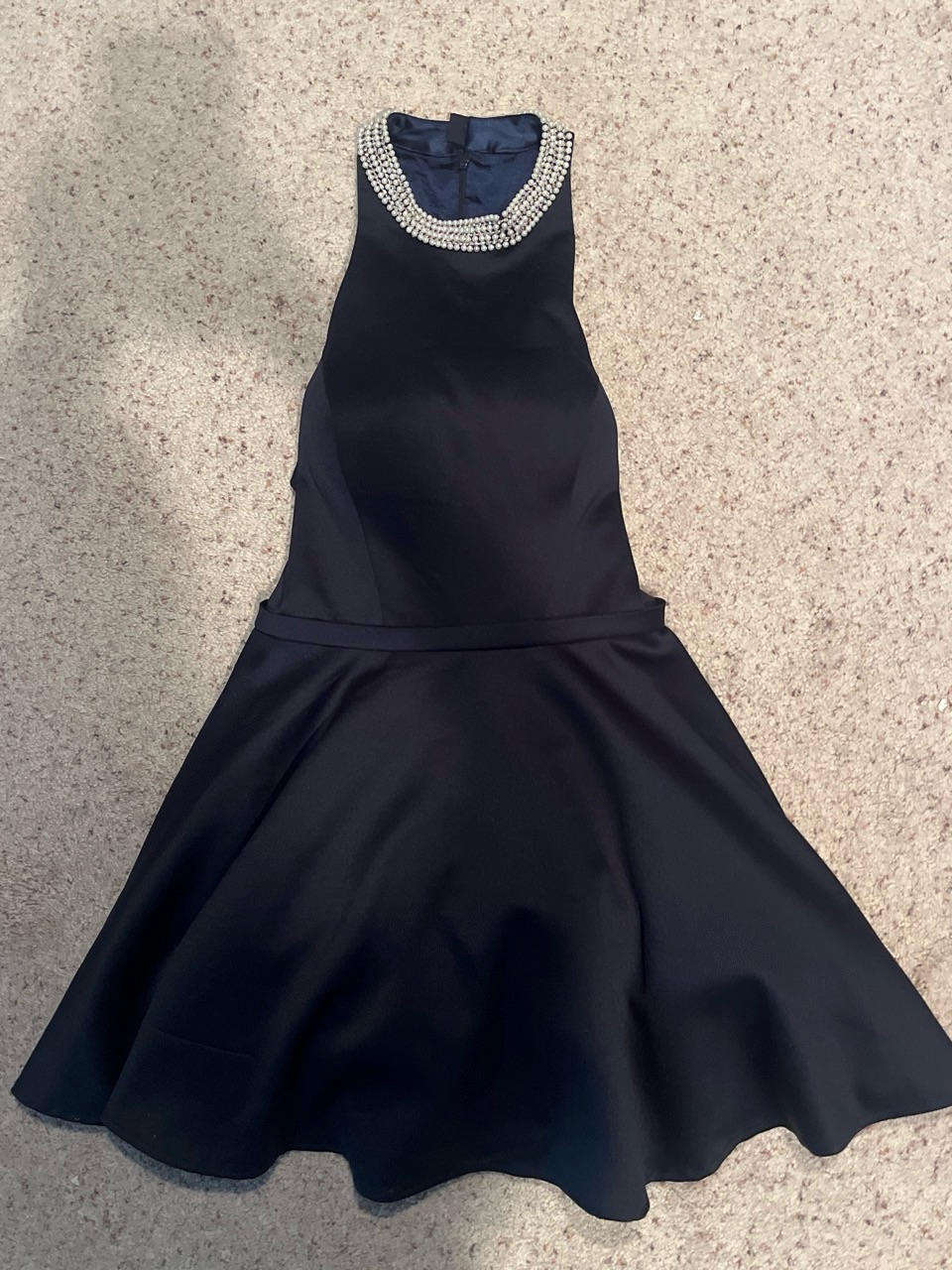 La Femme Navy Mini Dress With Embellished Neckline